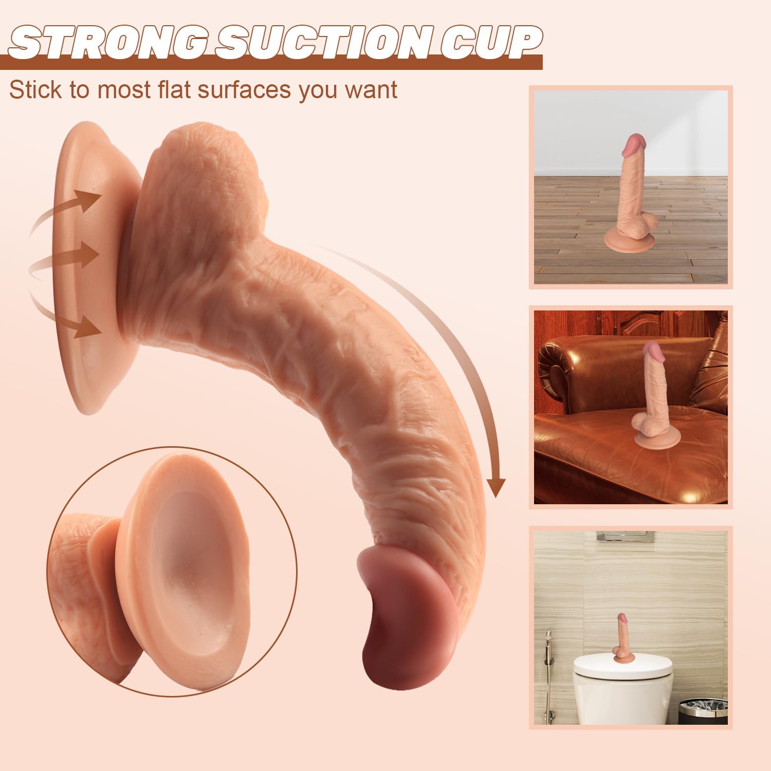 C1a-7.8 Inches Flesh-colored Realistic Classic Hands-Free Thrusting Suction Cup Tool with Suction Cup Suitable for Men and Women - Image 3